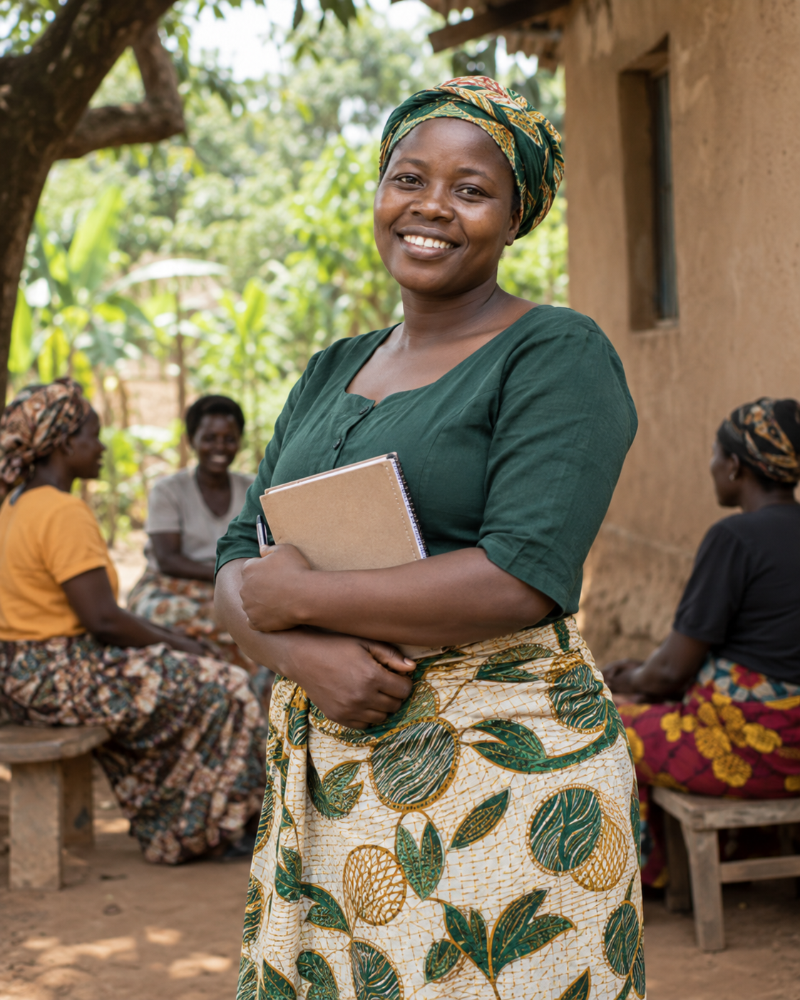 A representative Ugandan community organizer holding a notebook